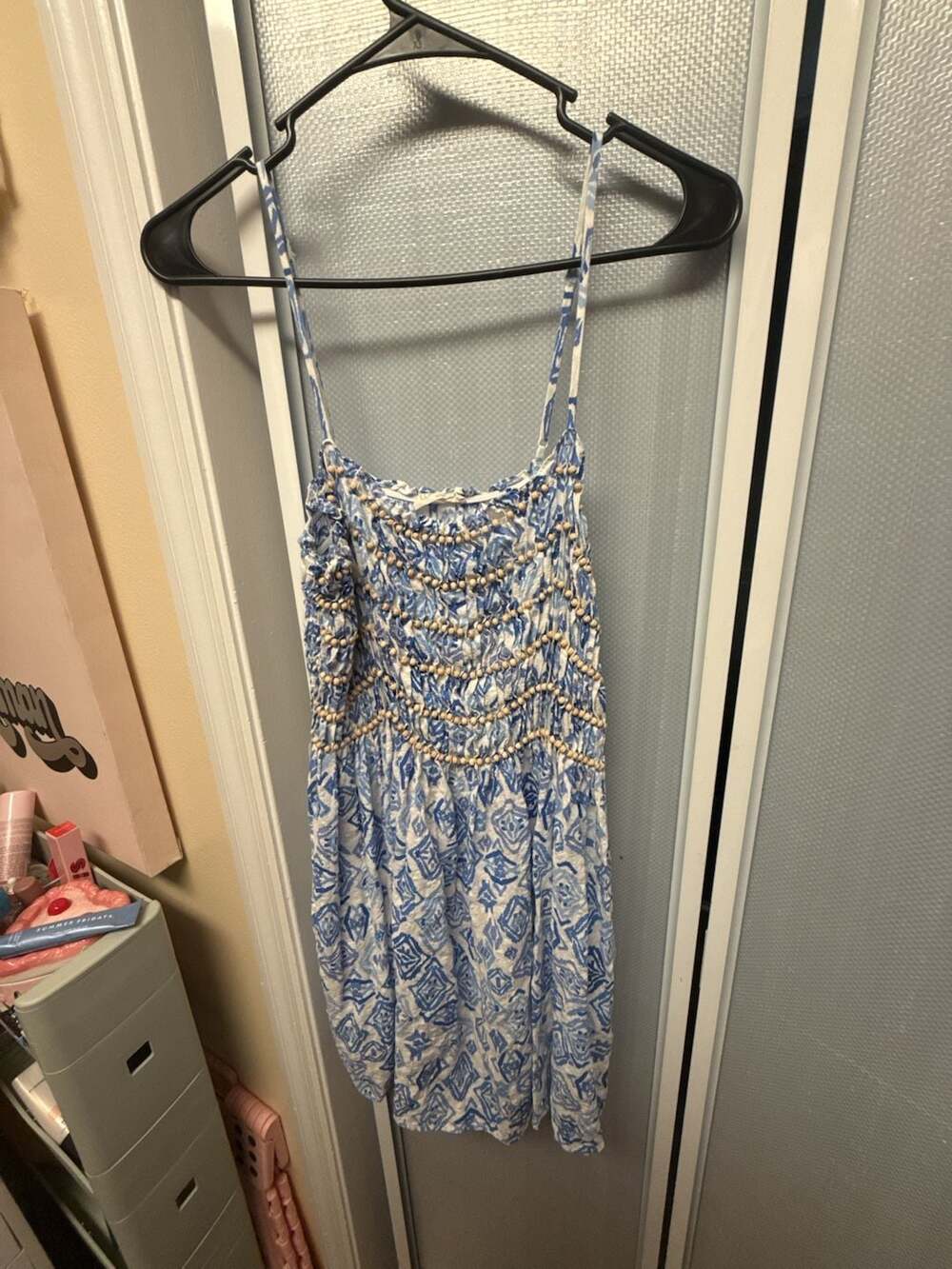 Illa Illa Blue and White Geometric Print Smocked Dress with Wooden Bead Detail
